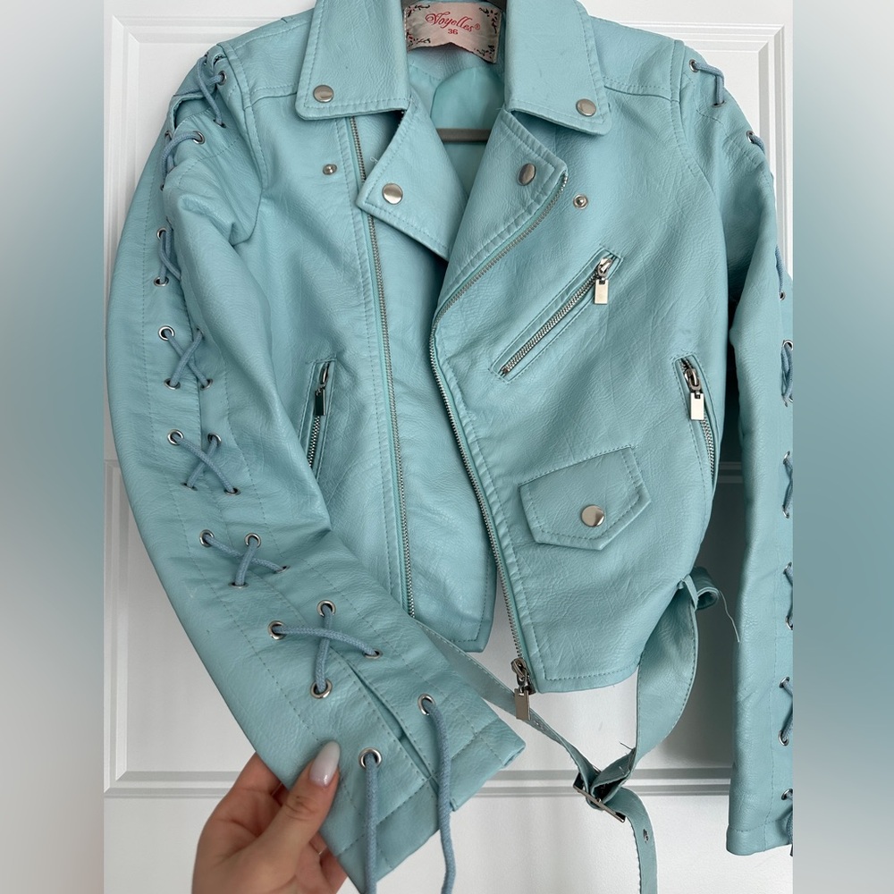 Aqua color leather jacket